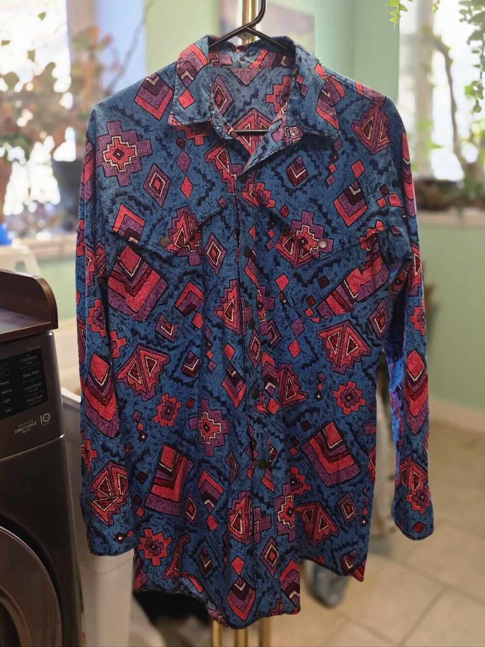 Blue, Purple & Pink Geometric Aztec Print Western Cut Button UP